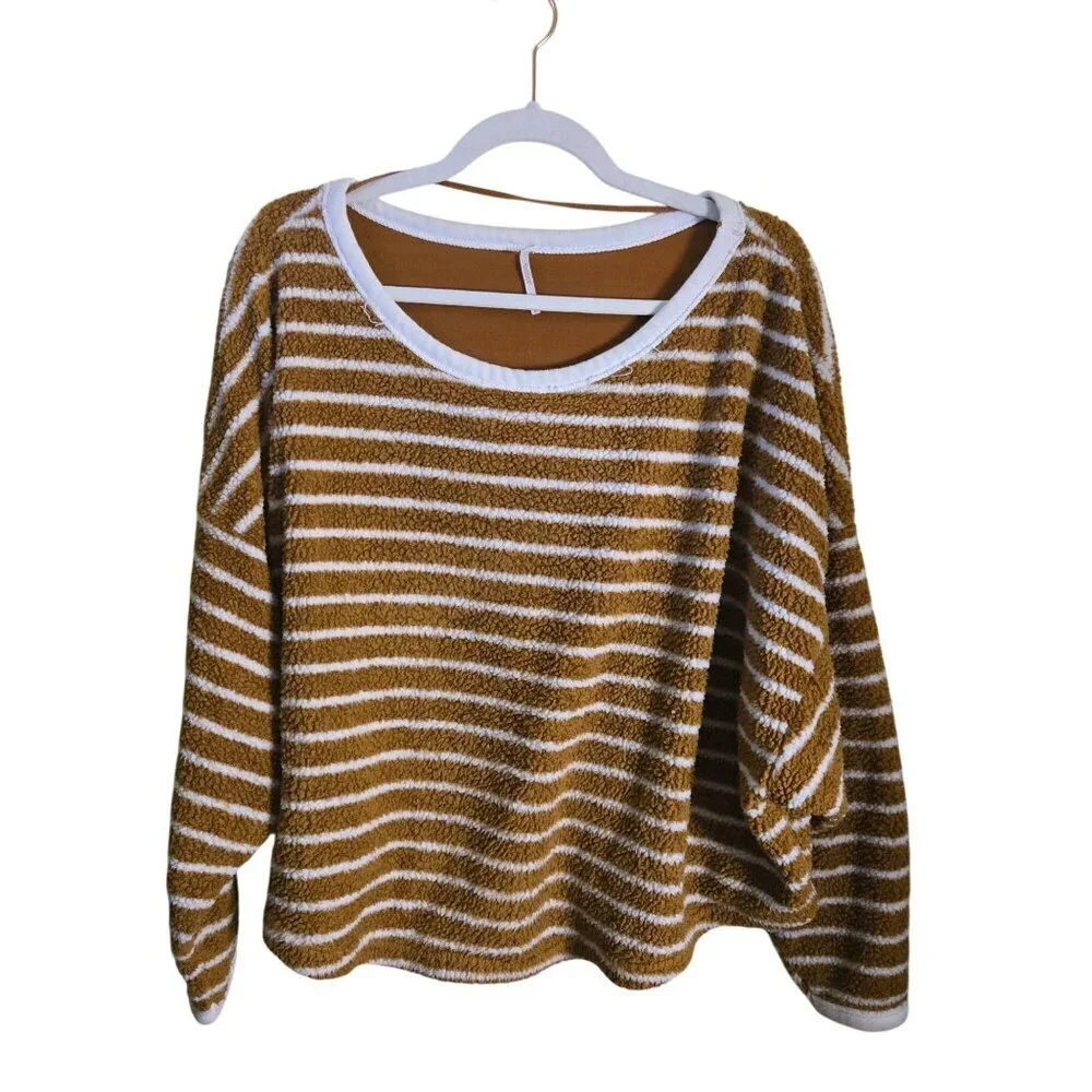 Free People Breton Mustard White Striped Oversized Cozy Sweater Size S